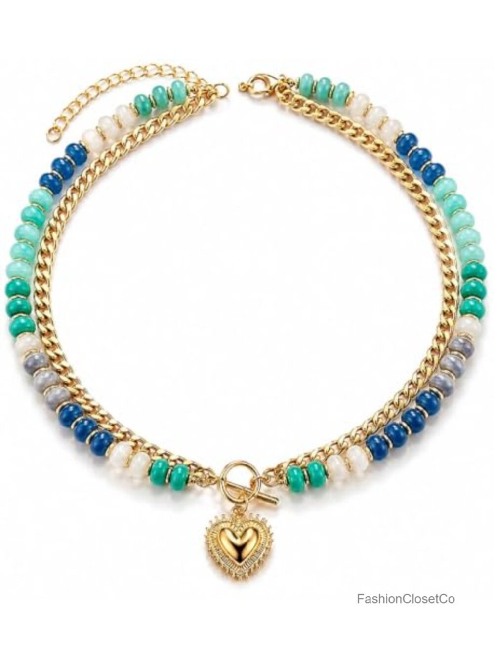 Colorful Beaded Layered Necklace with Heart Pendant Adjustable Choker Chain